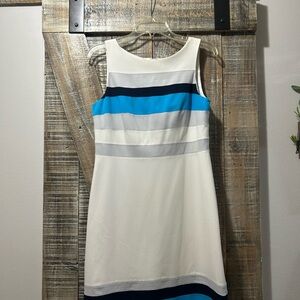 Calvin Klein Blue and White Sleeveless Halter Sheath Dress